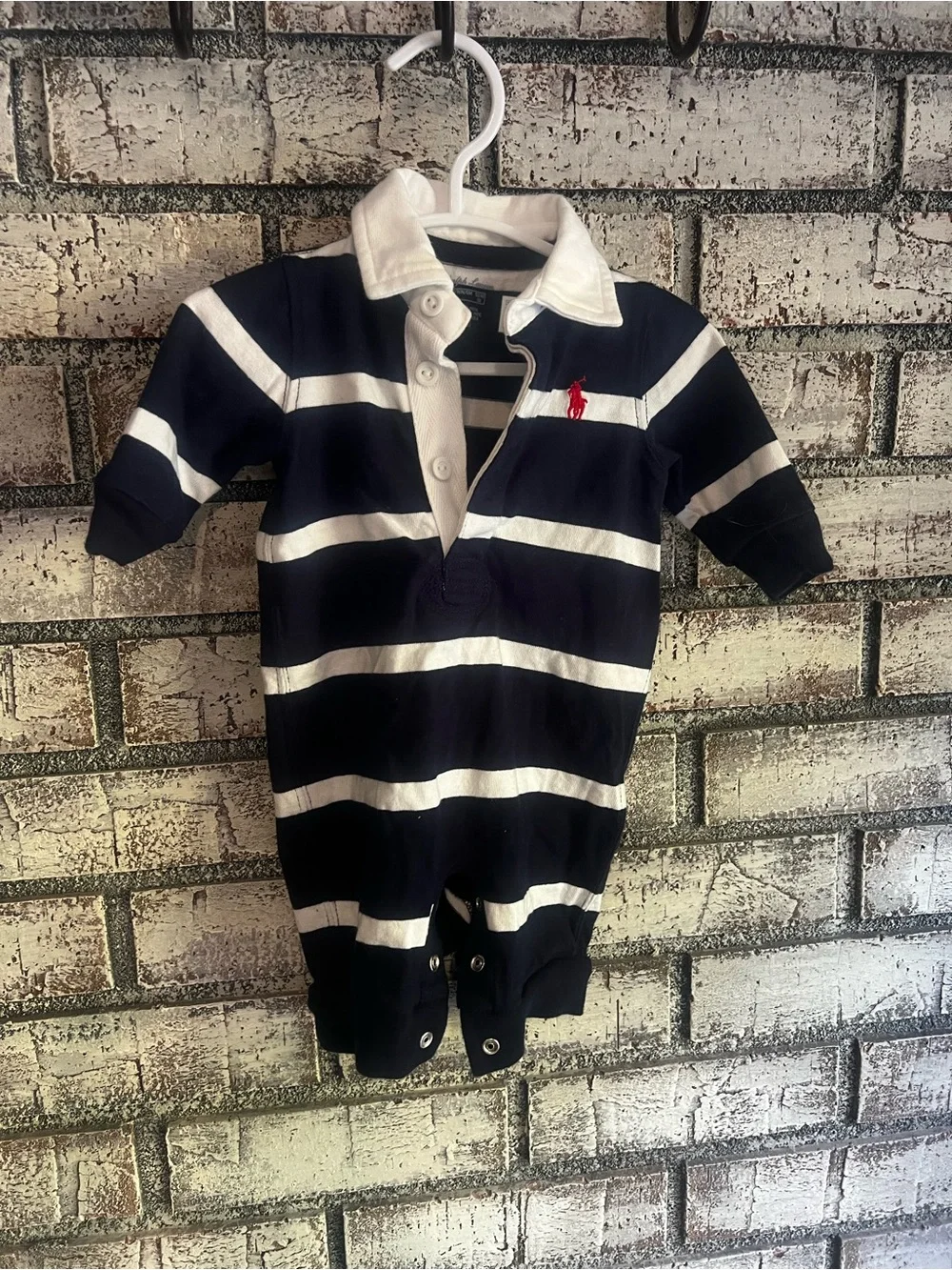 Ralph Lauren Navy & White Striped Polo Footie with Red Pony